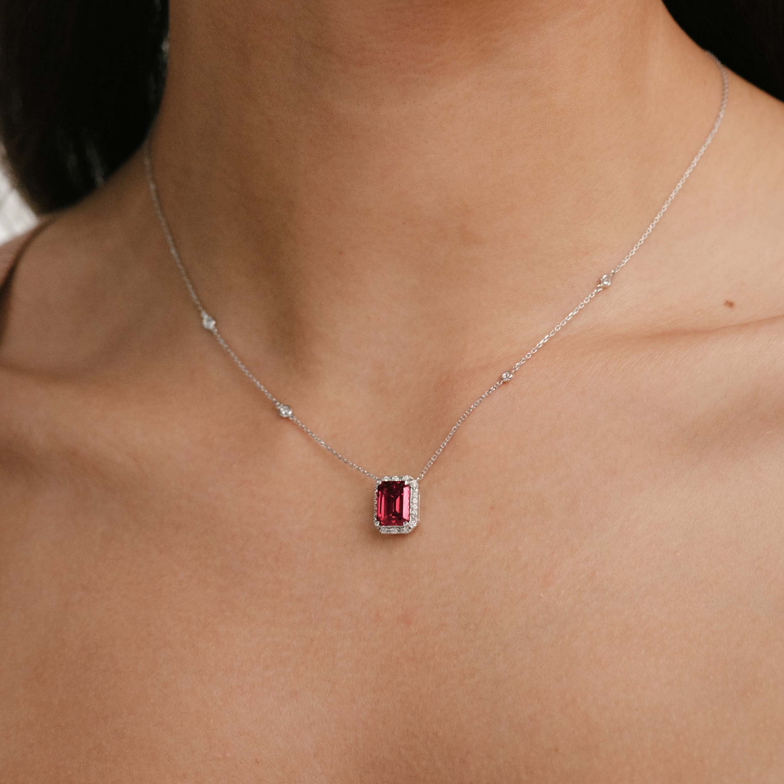 Astra 1.80ct Lab Ruby and Diamond Halo Octagon Cut Necklace in Silver